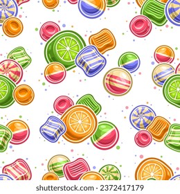 Patrón sin soldadura de vectores Candy, repitiendo el fondo con ilustraciones de diferentes caramelos de fruta coloridos y encías de burbujas para ropa de cama infantil o papel envolvente, afiche con mezcla de dulces estratificados voladores