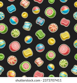 Vector Candy Seamless Pattern, repeating background with illustrations of multi colored assorted candies and bubble gums for child bed linen or wrapping paper, collection of flying flat lay candy mix