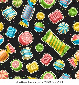 Vector Candy Seamless Pattern, repeating background with cut out illustrations of multi colored variety fruit chewy candies and bubble gums in spiral cellophane foil, set of flying flat lay candy mix