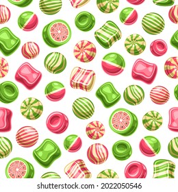 Vector Candy Seamless Pattern, square repeating fruit candies background for child textile, poster with cut out illustrations of various yummy hard candies and striped gummies on white background.