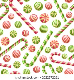 Vector Candy Seamless Pattern, square repeating fruit candies background for child textile, poster with cut out illustrations of different cute gummies and christmas candy canes on white background.