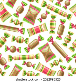 Vector Candy Seamless Pattern, square repeating wrapped candies background for child textile, poster with cut out illustrations of different wrapped bubble gums and hard candies on white background.