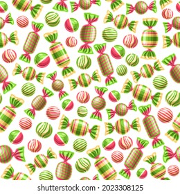 Vector Candy Seamless Pattern, square repeating wrapped candies background for child textile, poster with cut out illustrations of different wrapped red and green hard candies on white background.