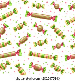 Vector Candy Seamless Pattern, square repeating wrapped candies background for child textile, poster with cut out illustrations of different wrapped red and green hard candies on white background.