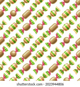 Vector Candy Seamless Pattern, square repeating wrapped candies background for child textile, poster with cut out illustrations of wrapped red and green fruit candies in a rows on white background.