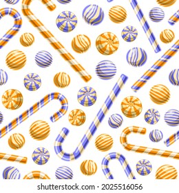 Vector Candy Seamless Pattern, square repeating caramel candies background for child textile, poster with cut out illustrations of different cute gummies and christmas candy canes on white background.