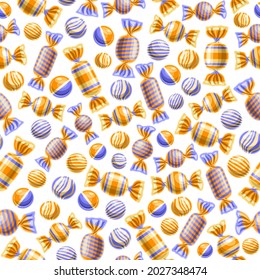 Patrón sin soldadura vectorial Candy, repite cuadrado de fondo de caramelos envueltos para un lindo textil infantil, afiche con ilustraciones cortadas de variedad envueltas en papel, deliciosos caramelos duros sobre fondo blanco.