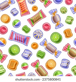 Vector Candy Seamless Pattern, square repeat background with cut out illustrations of colorful various chewy candies and bubble gums in striped cellophane foil, collection of flying flat lay candies