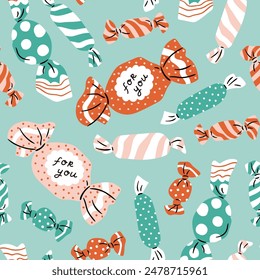 Vector candy seamless pattern. Wrapped candies on mint background. Stylish sweet seamless print design. Sweet food fabric or wrapping paper design