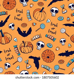 Vector candy skull pumpkin bat seamless pattern