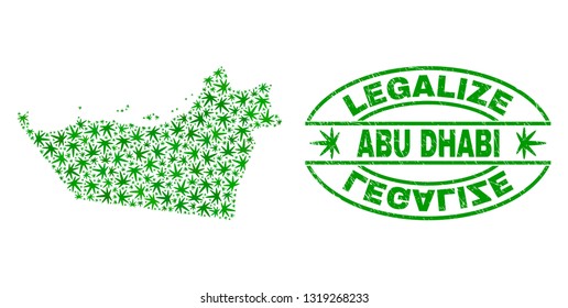 Vector cannabis Abu Dhabi Emirate map collage and grunge textured Legalize stamp seal. Concept with green weed leaves. Concept for cannabis legalize campaign.