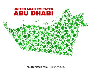 Vector cannabis Abu Dhabi Emirate map mosaic. Concept with green weed leaves for cannabis legalize campaign. Vector Abu Dhabi Emirate map is composed of weed leaves.