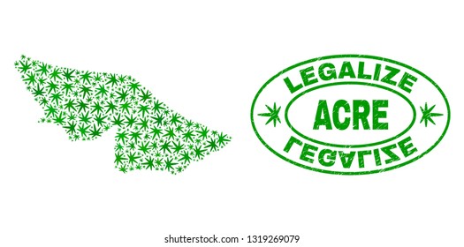 Vector cannabis Acre State map mosaic and grunge textured Legalize stamp seal. Concept with green weed leaves. Concept for cannabis legalize campaign.