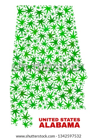 Vector cannabis Alabama State map collage. Template with green weed leaves for cannabis legalize campaign. Vector Alabama State map is formed with cannabis leaves.