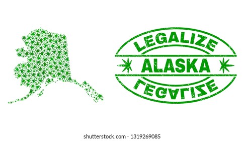 Vector cannabis Alaska map mosaic and grunge textured Legalize stamp seal. Concept with green weed leaves. Template for cannabis legalize campaign. Vector Alaska map is designed with weed leaves.