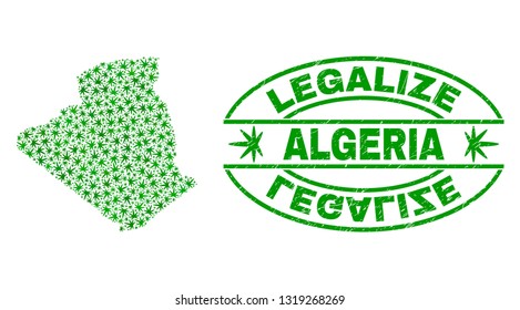 Vector cannabis Algeria map collage and grunge textured Legalize stamp seal. Concept with green weed leaves. Concept for cannabis legalize campaign. Vector Algeria map is created of weed leaves.