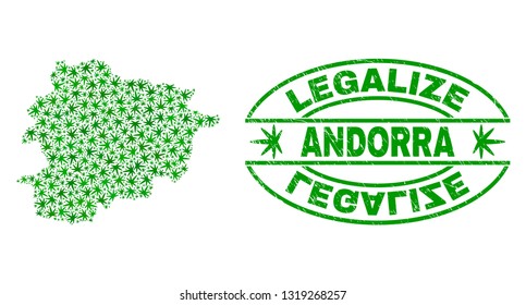 Vector cannabis Andorra map collage and grunge textured Legalize stamp seal. Concept with green weed leaves. Concept for cannabis legalize campaign. Vector Andorra map is organized of cannabis leaves.