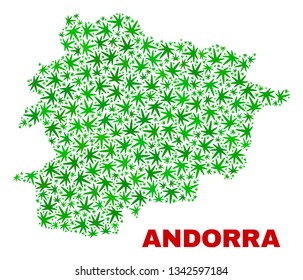 Vector cannabis Andorra map mosaic. Template with green weed leaves for cannabis legalize campaign. Vector Andorra map is organized from cannabis leaves.