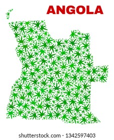Vector cannabis Angola map collage. Concept with green weed leaves for weed legalize campaign. Vector Angola map is composed with cannabis leaves.