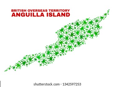 Vector cannabis Anguilla Island map mosaic. Template with green weed leaves for cannabis legalize campaign. Vector Anguilla Island map is created with weed leaves.