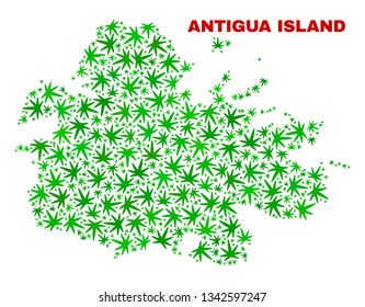 Vector cannabis Antigua Island map mosaic. Concept with green weed leaves for cannabis legalize campaign. Vector Antigua Island map is constructed of weed leaves.