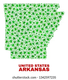 Vector cannabis Arkansas State map mosaic. Concept with green weed leaves for cannabis legalize campaign. Vector Arkansas State map is organized with cannabis leaves.