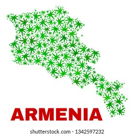 Vector cannabis Armenia map collage. Concept with green weed leaves for weed legalize campaign. Vector Armenia map is formed with weed leaves.