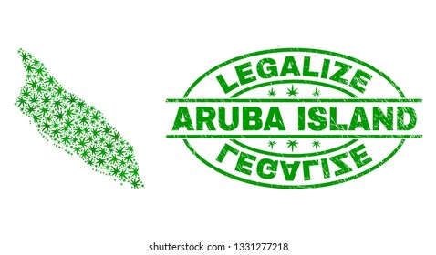 Vector cannabis Aruba Island map collage and grunge textured Legalize stamp seal. Concept with green weed leaves. Concept for cannabis legalize campaign.