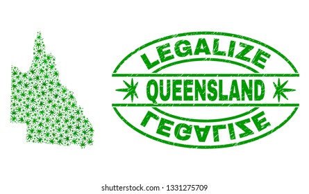 Vector cannabis Australian Queensland map mosaic and grunge textured Legalize stamp seal. Concept with green weed leaves. Template for cannabis legalize campaign.