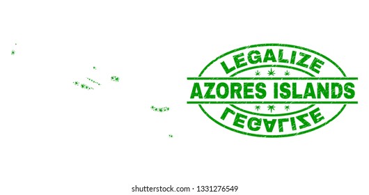 Vector cannabis Azores Islands map mosaic and grunge textured Legalize stamp seal. Concept with green weed leaves. Concept for cannabis legalize campaign.
