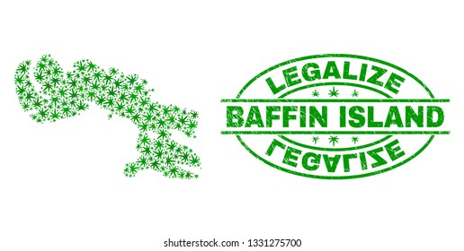 Vector cannabis Baffin Island map collage and grunge textured Legalize stamp seal. Concept with green weed leaves. Concept for cannabis legalize campaign.