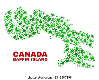 Vector cannabis Baffin Island map collage. Concept with green weed leaves for weed legalize campaign. Vector Baffin Island map is constructed of cannabis leaves.