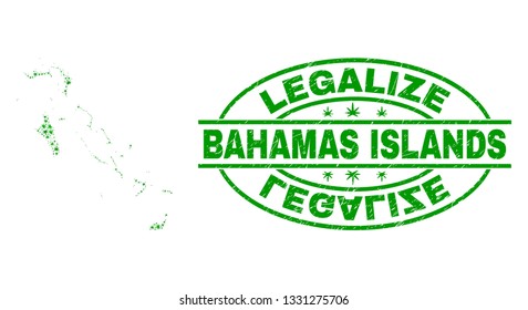 Vector cannabis Bahamas Islands map collage and grunge textured Legalize stamp seal. Concept with green weed leaves. Concept for cannabis legalize campaign.