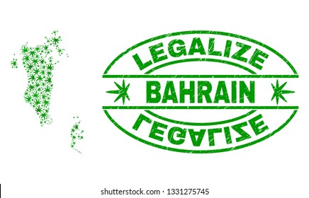 Vector cannabis Bahrain map collage and grunge textured Legalize stamp seal. Concept with green weed leaves. Concept for cannabis legalize campaign. Vector Bahrain map is created from cannabis leaves.