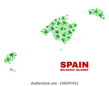 Vector cannabis Balearic Islands map collage. Concept with green weed leaves for marijuana legalize campaign. Vector Balearic Islands map is formed with weed leaves.