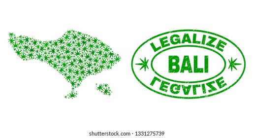 Vector cannabis Bali map mosaic and grunge textured Legalize stamp seal. Concept with green weed leaves. Template for cannabis legalize campaign. Vector Bali map is composed with cannabis leaves.