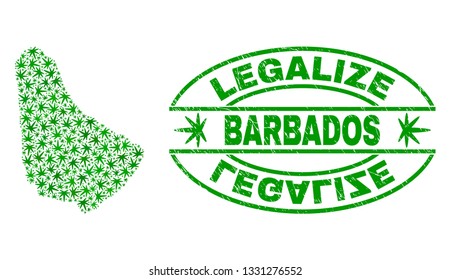 Vector cannabis Barbados map mosaic and grunge textured Legalize stamp seal. Concept with green weed leaves. Template for cannabis legalize campaign.