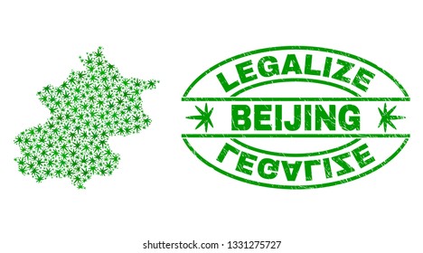 Vector cannabis Beijing City map mosaic and grunge textured Legalize stamp seal. Concept with green weed leaves. Template for cannabis legalize campaign.