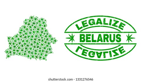 Vector cannabis Belarus map collage and grunge textured Legalize stamp seal. Concept with green weed leaves. Concept for cannabis legalize campaign. Vector Belarus map is designed from weed leaves.