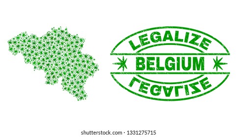 Vector cannabis Belgium map collage and grunge textured Legalize stamp seal. Concept with green weed leaves. Concept for cannabis legalize campaign. Vector Belgium map is formed with cannabis leaves.