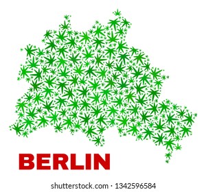 Vector cannabis Berlin City map collage. Template with green weed leaves for cannabis legalize campaign. Vector Berlin City map is composed with marijuana leaves.