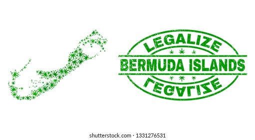 Vector cannabis Bermuda Islands map collage and grunge textured Legalize stamp seal. Concept with green weed leaves. Concept for cannabis legalize campaign.