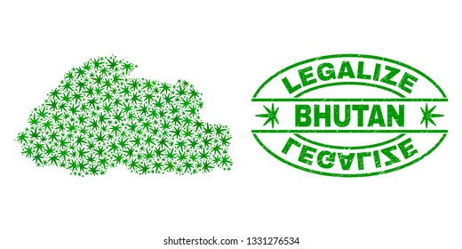 Vector cannabis Bhutan map mosaic and grunge textured Legalize stamp seal. Concept with green weed leaves. Concept for cannabis legalize campaign. Vector Bhutan map is designed with weed leaves.