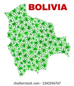Vector cannabis Bolivia map mosaic. Concept with green weed leaves for cannabis legalize campaign. Vector Bolivia map is designed with weed leaves.