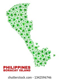 Vector cannabis Boracay Island map collage. Template with green weed leaves for marijuana legalize campaign. Vector Boracay Island map is organized with marijuana leaves.