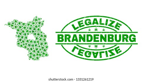 Vector cannabis Brandenburg Land map mosaic and grunge textured Legalize stamp seal. Concept with green weed leaves. Concept for cannabis legalize campaign.