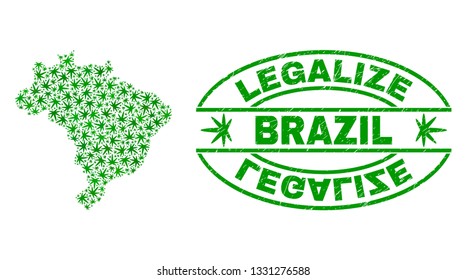 Vector cannabis Brazil map mosaic and grunge textured Legalize stamp seal. Concept with green weed leaves. Template for cannabis legalize campaign. Vector Brazil map is formed with weed leaves.