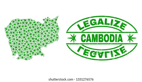 Vector cannabis Cambodia map collage and grunge textured Legalize stamp seal. Concept with green weed leaves. Concept for cannabis legalize campaign.