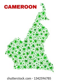 Vector cannabis Cameroon map mosaic. Concept with green weed leaves for weed legalize campaign. Vector Cameroon map is organized with marijuana leaves.