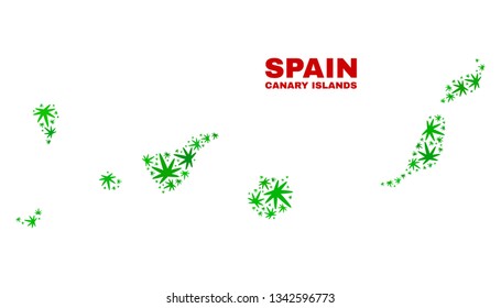 Vector cannabis Canary Islands map collage. Concept with green weed leaves for cannabis legalize campaign. Vector Canary Islands map is constructed with weed leaves.